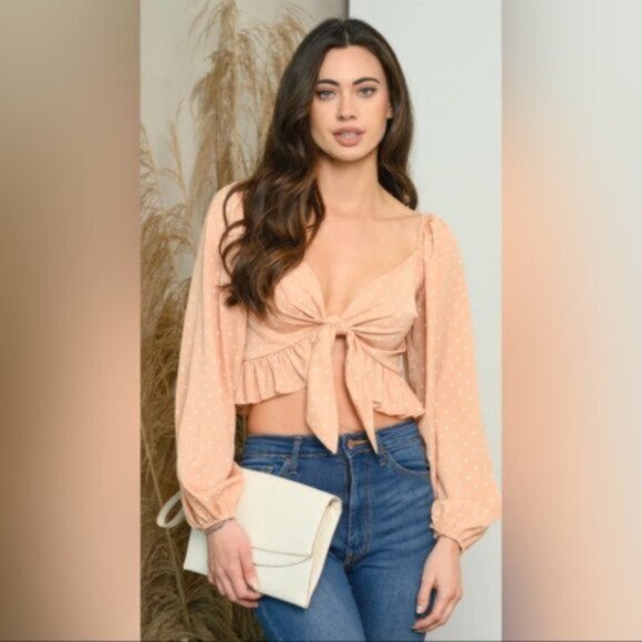 Cloud Ten Steph Long Sleeve Milkmaid Tie Front Crop Top Polka Dot Salmon Medium - Picture 4 of 12